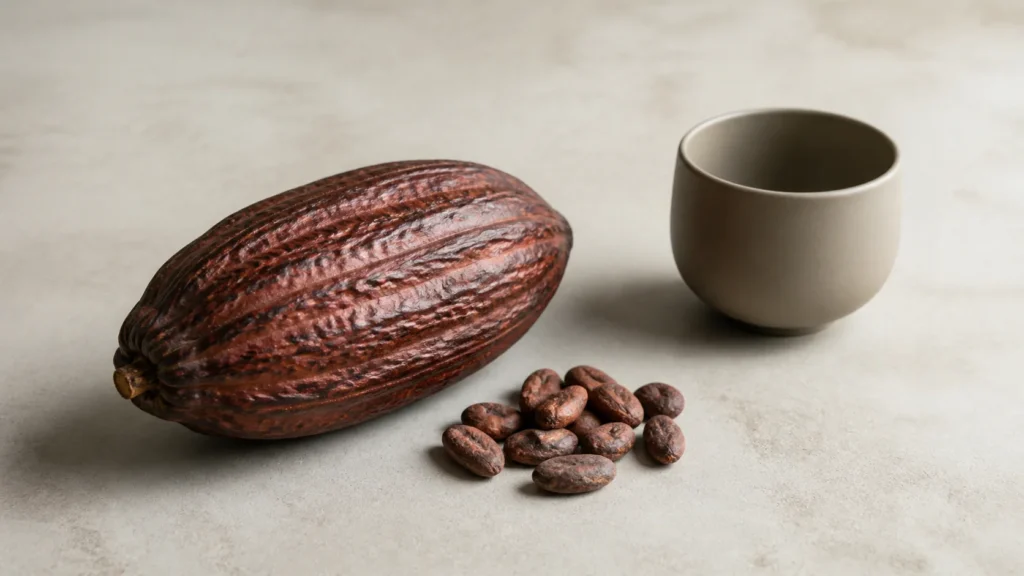 AI-generated editorial visualization of an anonymous raw-cacao ingredient study with no producer or community attribution.