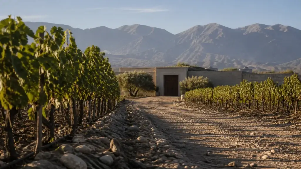 Exact Luján de Cuyo vineyard rows, soil profile, cellar architecture or winemaking workspace