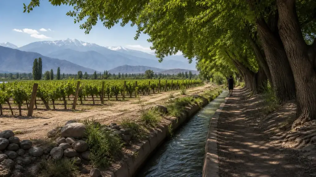 Documented Mendoza vineyard irrigation channel, acequia, shaded vine walk or water-led cultivated landscape
