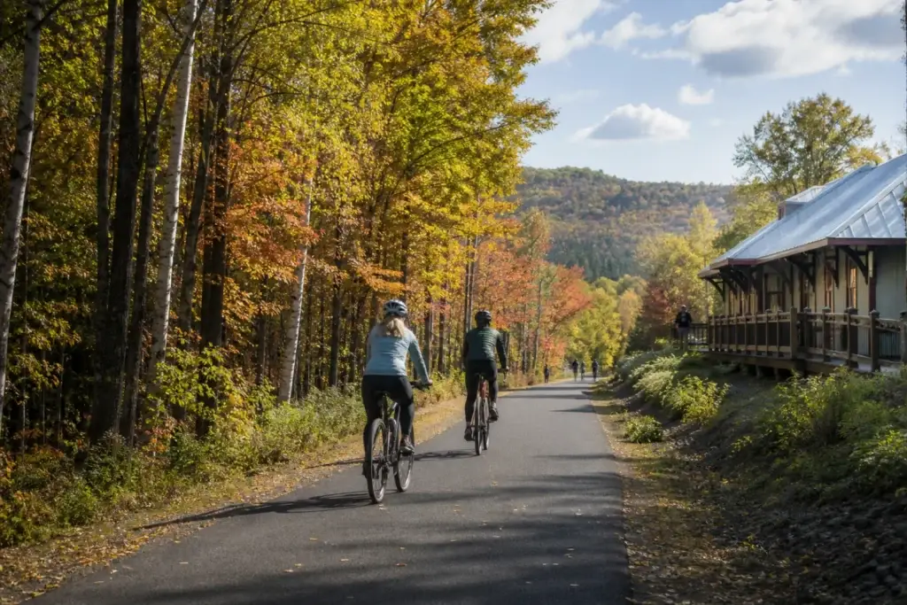 Le P'tit Train du Nord near Mont-Tremblant or Val-David with trail and heritage-station context