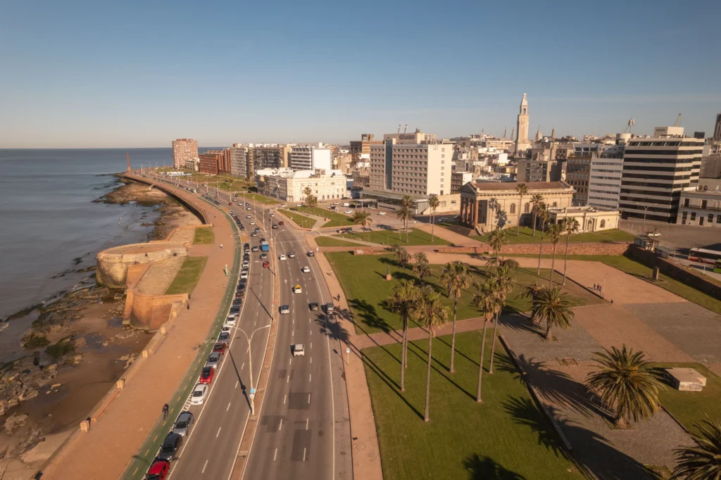 Aerial view of Montevideo's coastline and cityscape.