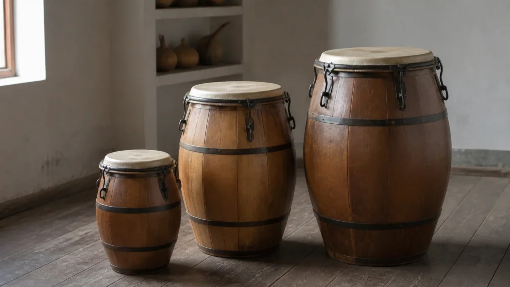 AI-generated editorial visualization of an abstract study of the three candombe drum types; it does not depict a practitioner, group, performance or real venue.