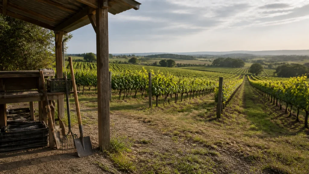 AI-generated editorial visualization of Canelones viticulture context; it does not depict a named vineyard, producer, vintage or private visit.