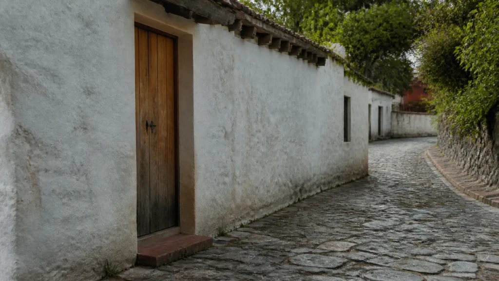 AI-generated editorial visualization of layered public-realm material context in Colonia del Sacramento; it is not a real street or building.