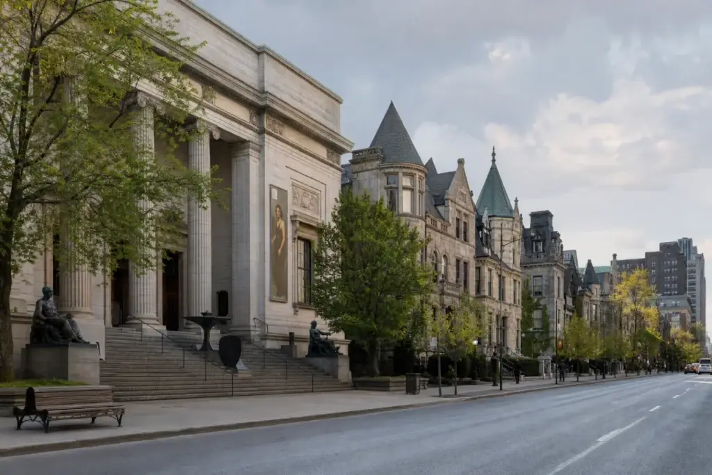 Golden Square Mile streetscape with the Montreal Museum of Fine Arts, McGill or documented historic mansion context