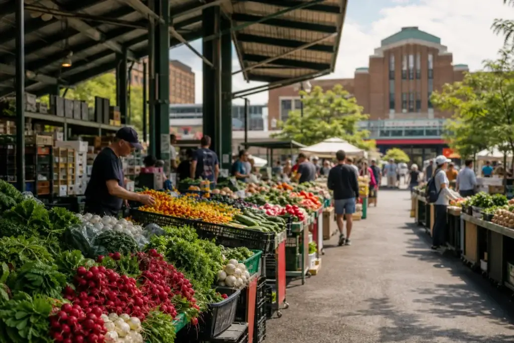 Jean-Talon Market aisles, produce, vendors or entrance in clearly identifiable context
