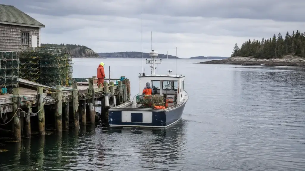 Working lobster wharf or small commercial fishing harbor on Mount Desert Island