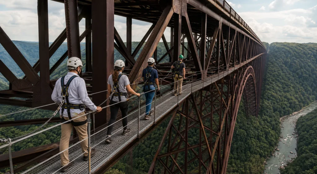 Bridge Walk catwalk beneath New River Gorge Bridge with harnessed guests