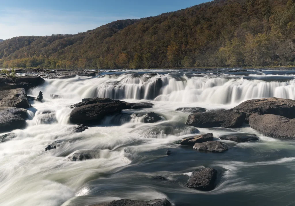 Sandstone Falls boardwalk and waterfalls in New River Gorge National Park and Preserve