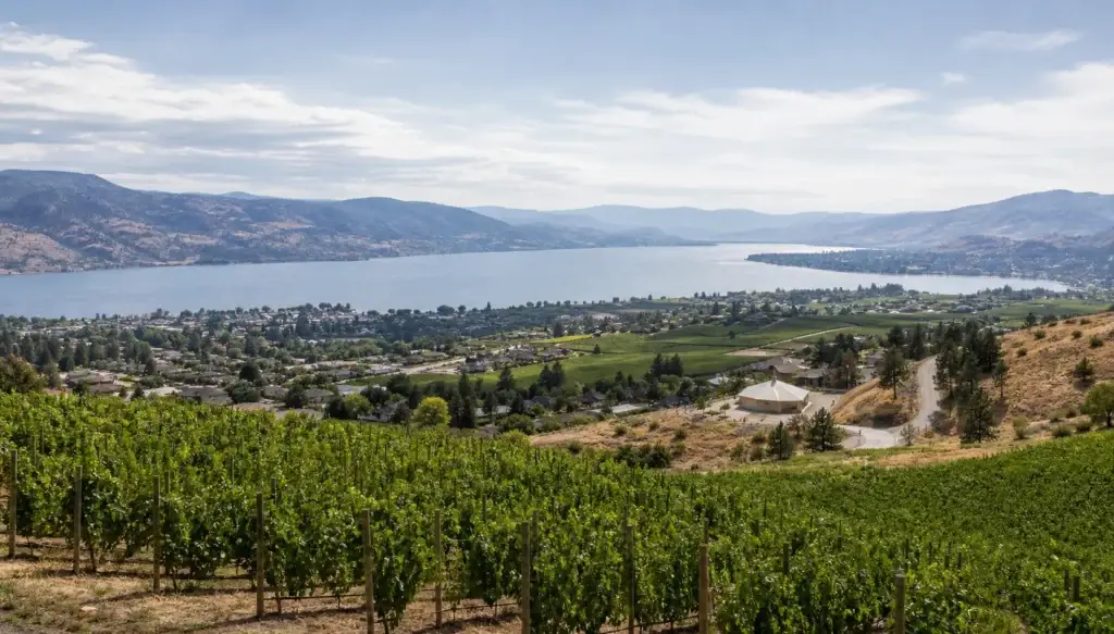 Naramata Bench or another exact elevated Okanagan composition showing lake, agriculture and settlement