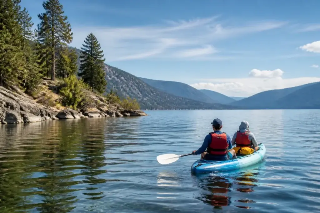 Okanagan Lake paddle or small vessel with correctly worn flotation and clear geography