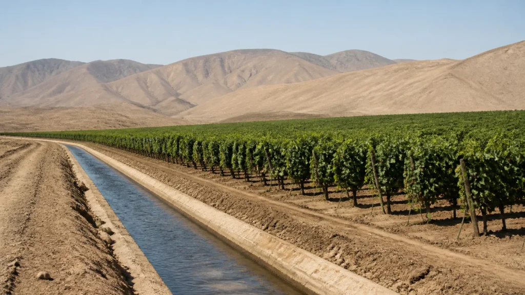 AI-generated editorial visualization of an anonymous irrigated vineyard context in Ica.