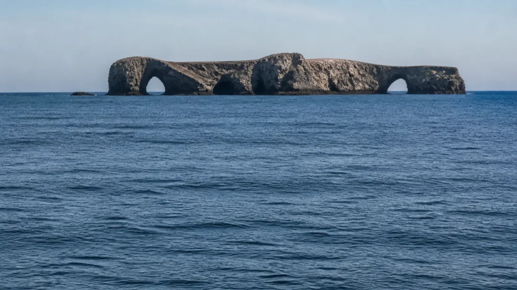 AI-generated editorial visualization of a vessel-free marine landscape associated with the Islas Ballestas excursion; it does not depict an operator, passenger vessel, wildlife sighting or current access condition.