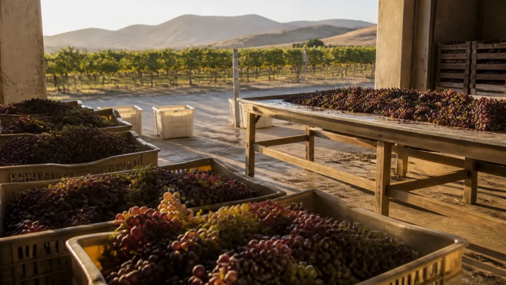 AI-generated editorial visualization of a property-neutral grape-production context in Ica.