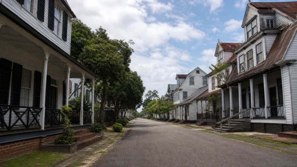 AI-generated editorial visualization of an anonymous historic wooden streetscape in Paramaribo.