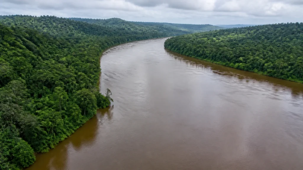 AI-generated editorial visualization of a broad Upper Suriname River journey context.