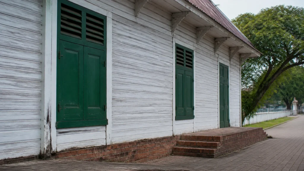 AI-generated editorial visualization of an anonymous material study of Paramaribo's wooden architecture.