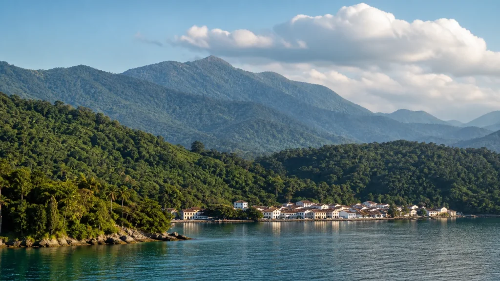 AI-generated editorial visualization of the town-bay-Atlantic Forest relationship around Paraty.