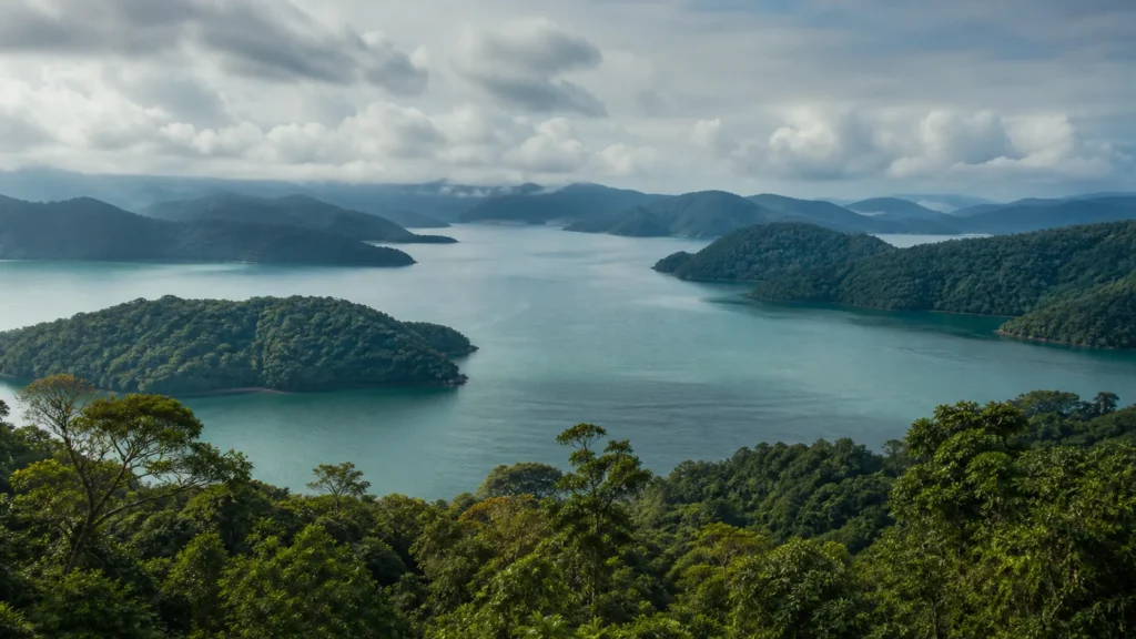 AI-generated editorial visualization of a non-navigational forested-island bay context in Angra dos Reis.