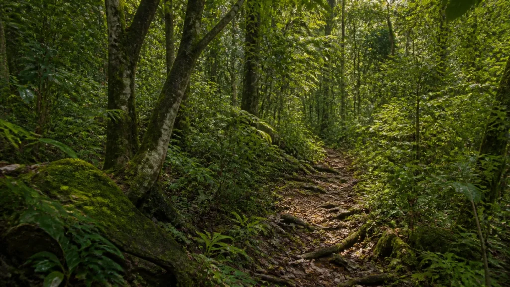 AI-generated editorial visualization of an anonymous Atlantic Forest route context within the wider Cairuçu landscape.