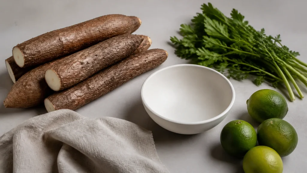 AI-generated editorial visualization of an anonymous coastal ingredient-planning still life with no Caiçara attribution.