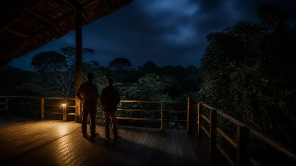 Exact Peruvian Amazon lodge platform or authorized boat at night