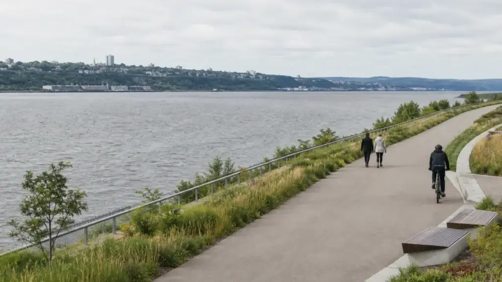 Promenade Samuel-De Champlain with St. Lawrence River, public landscape and Québec City context