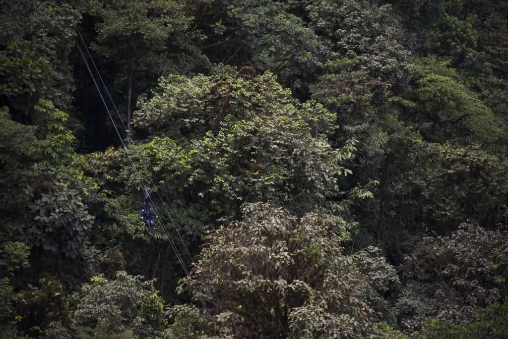 Ecuador. Two people on Mashpi Lodge Sky Bike in the Choco Rainforest, Ecuador, South America