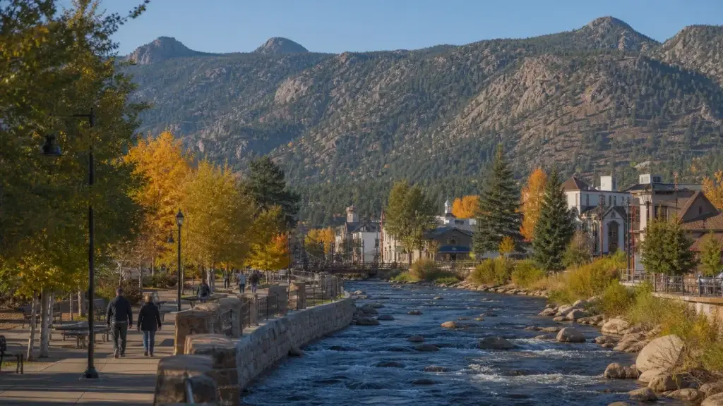 Estes Park downtown, valley or lake with mountain context