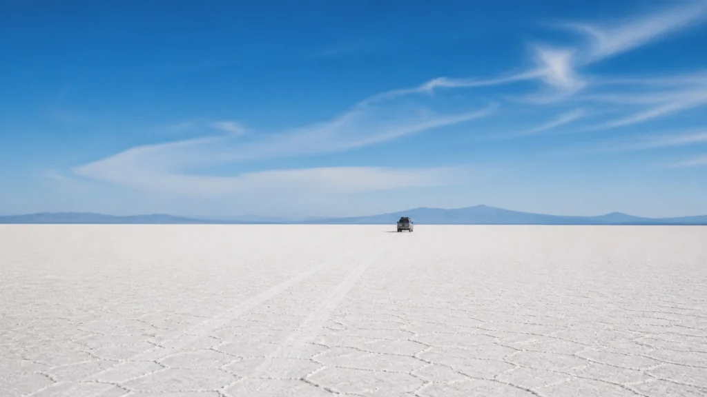 AI-generated editorial visualization of scale on Salar de Uyuni; the vehicle does not document an operator, authorization, route or current condition.