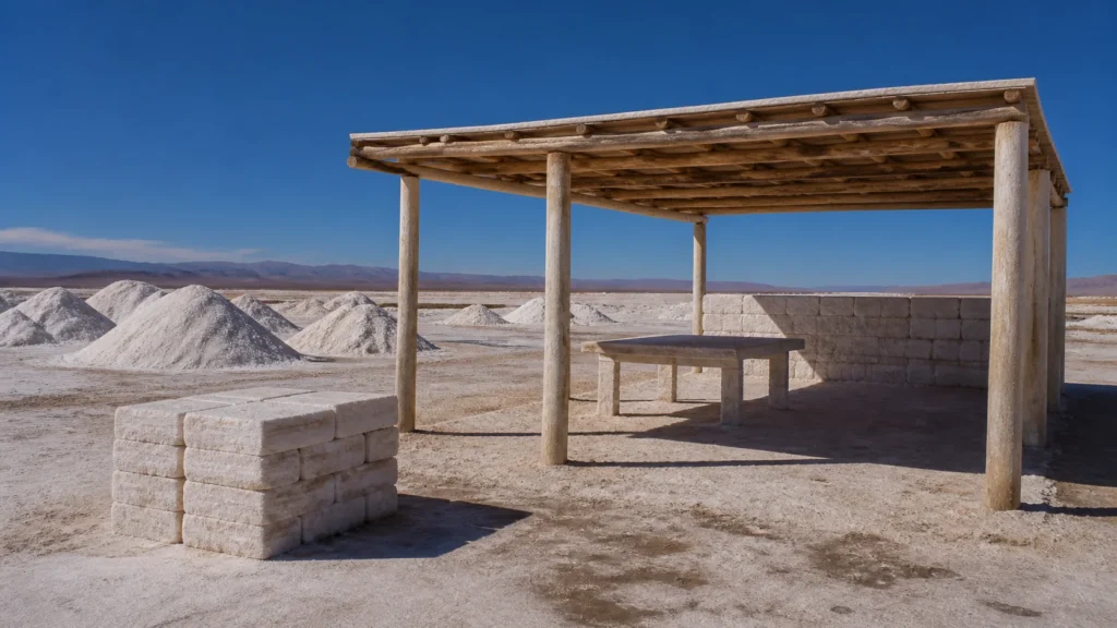 AI-generated editorial visualization of an abstract salt-work material context near Colchani; it does not depict workers, a cooperative, real process or actual site.