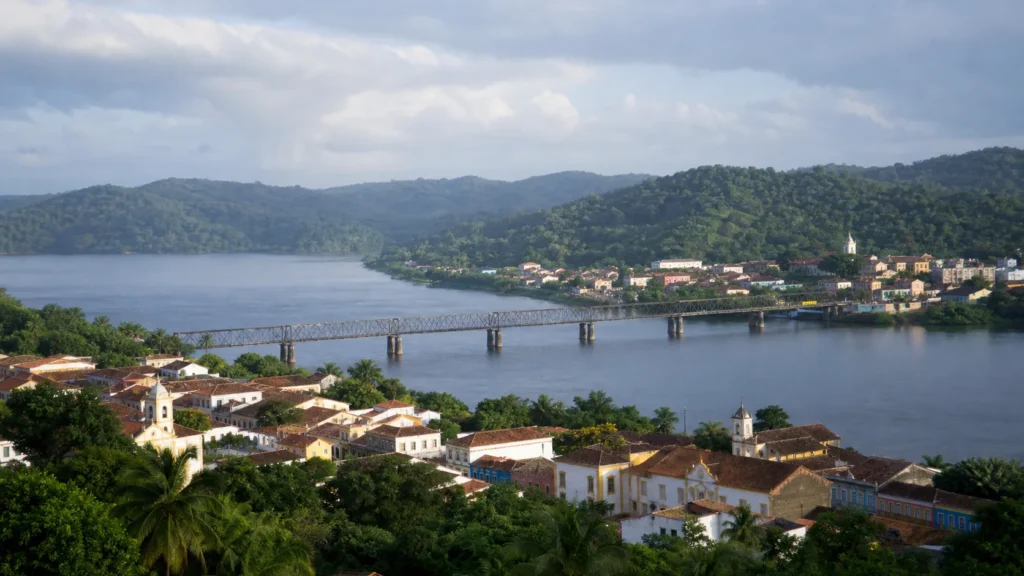 AI-generated editorial visualization of Cachoeira-Sao Felix river-and-bridge context; it is not an exact current viewpoint.