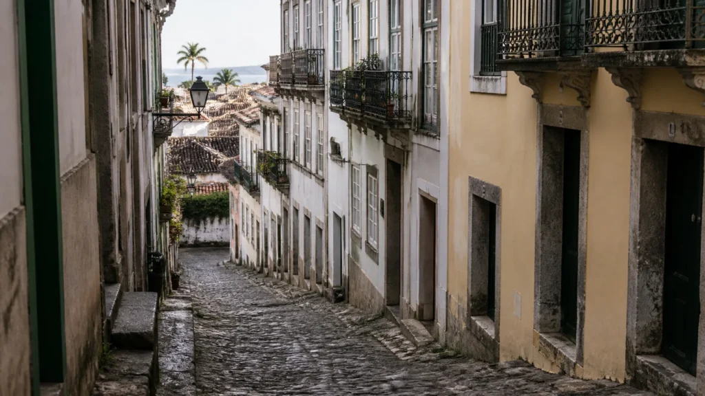 AI-generated editorial visualization of architectural form in Salvador's historic-centre context.