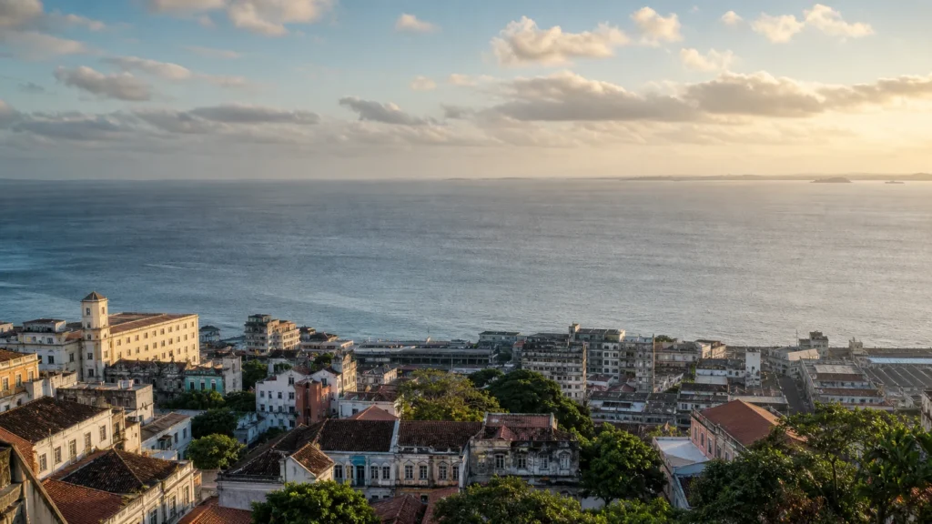 AI-generated editorial visualization of Salvador's relationship to Baia de Todos-os-Santos.