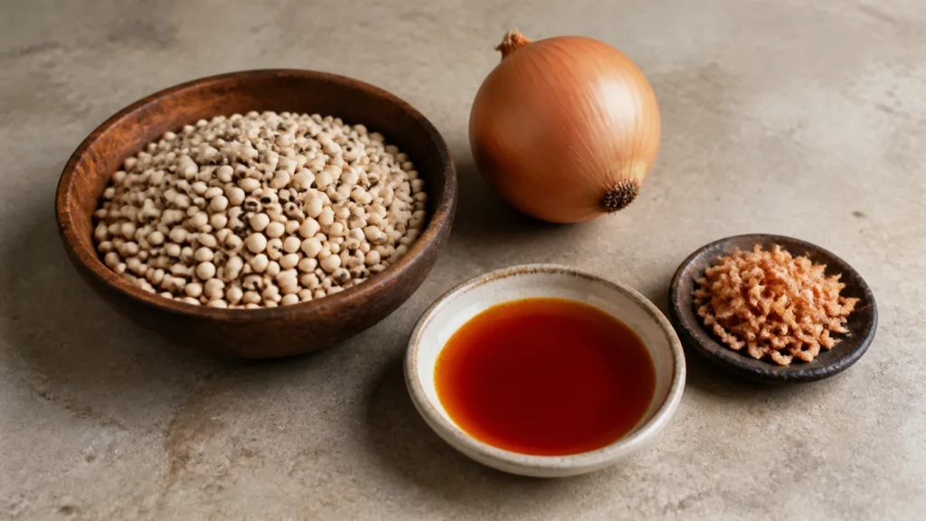 AI-generated editorial visualization of ingredients associated with acaraje; it does not depict a real baiana, ritual preparation, recipe or vendor.