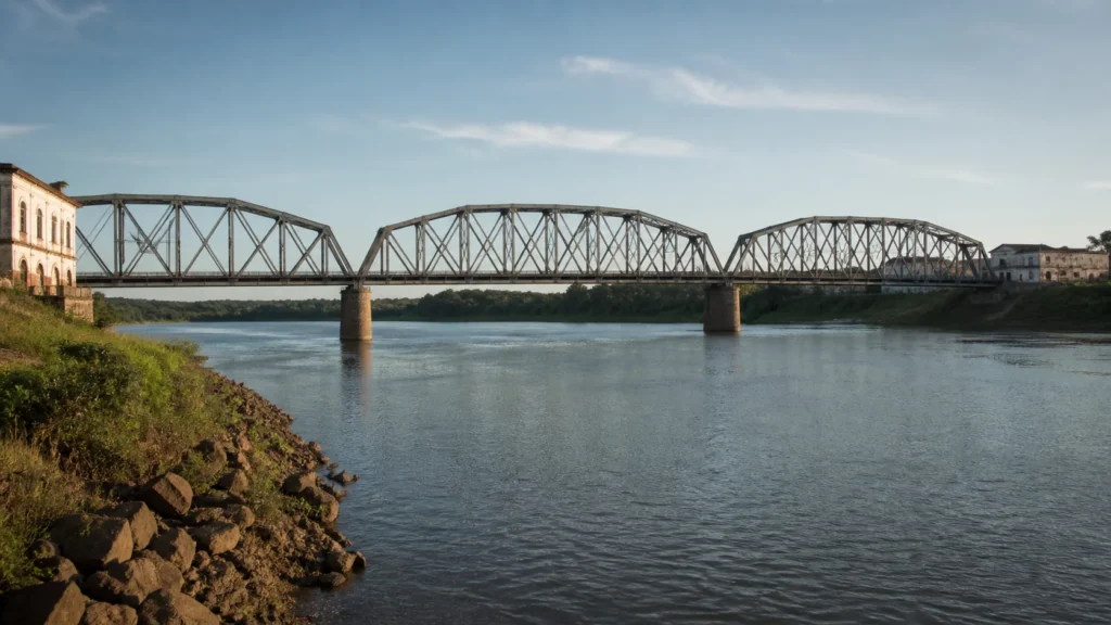 AI-generated editorial visualization of the Dom Pedro II Bridge and Paraguacu riverfront context; it is not evidence of current access or condition.