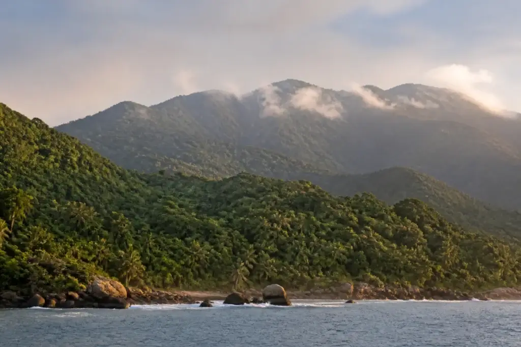 AI-generated editorial visualization of Santa Marta or Tayrona, Colombia.