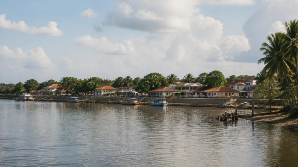 AI-generated editorial visualization of Barreirinhas as a Preguicas River gateway; it is not an exact current view.