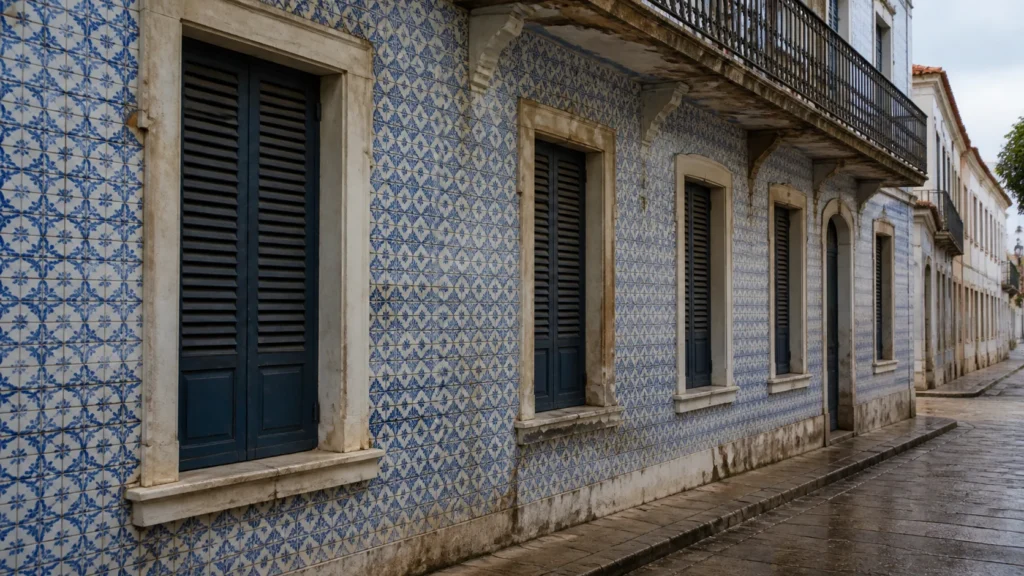 AI-generated editorial visualization of Sao Luis azulejo and climate-adapted architectural context; it is not a real facade.