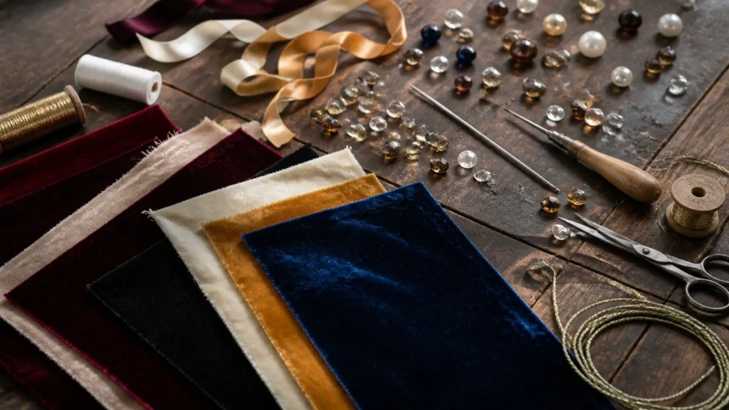 AI-generated editorial visualization of an abstract materials study associated with Bumba-meu-boi embroidery; it does not depict a practitioner, group, costume or authentic artefact.