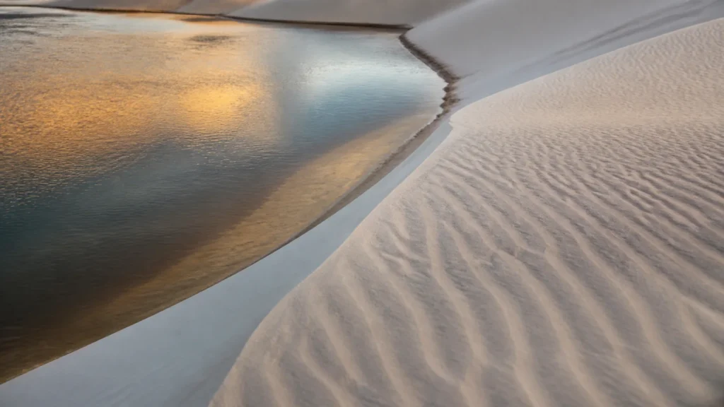 AI-generated editorial visualization of late-day light on Lencois Maranhenses dune-and-lagoon context; timing and water condition are creative staging.