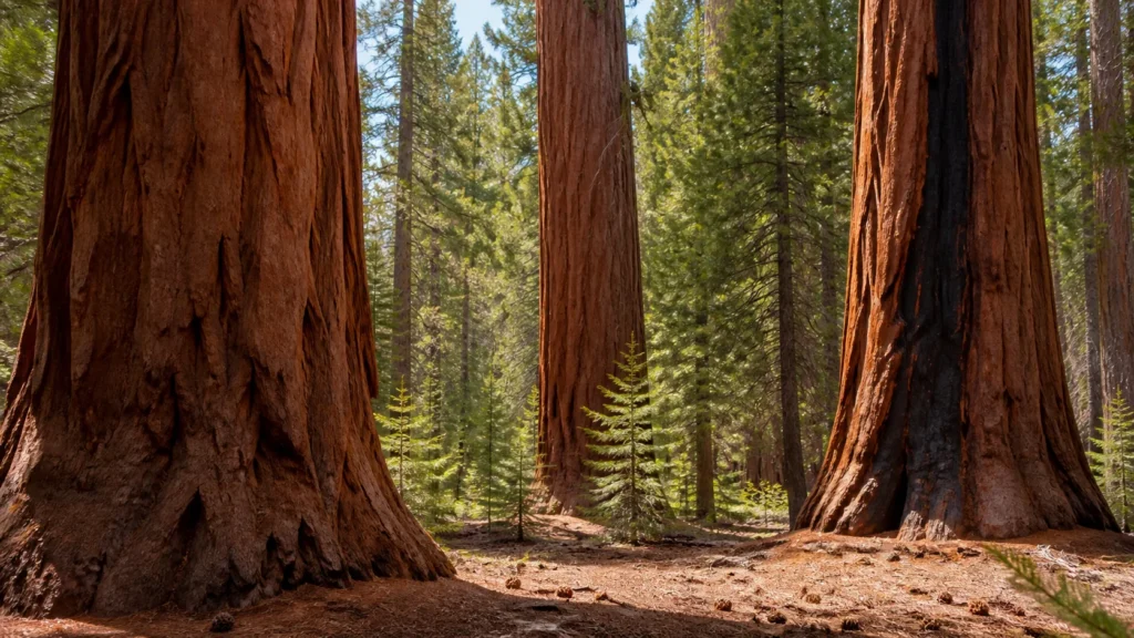 Giant Forest sequoias with visible natural fire context, cones or regeneration