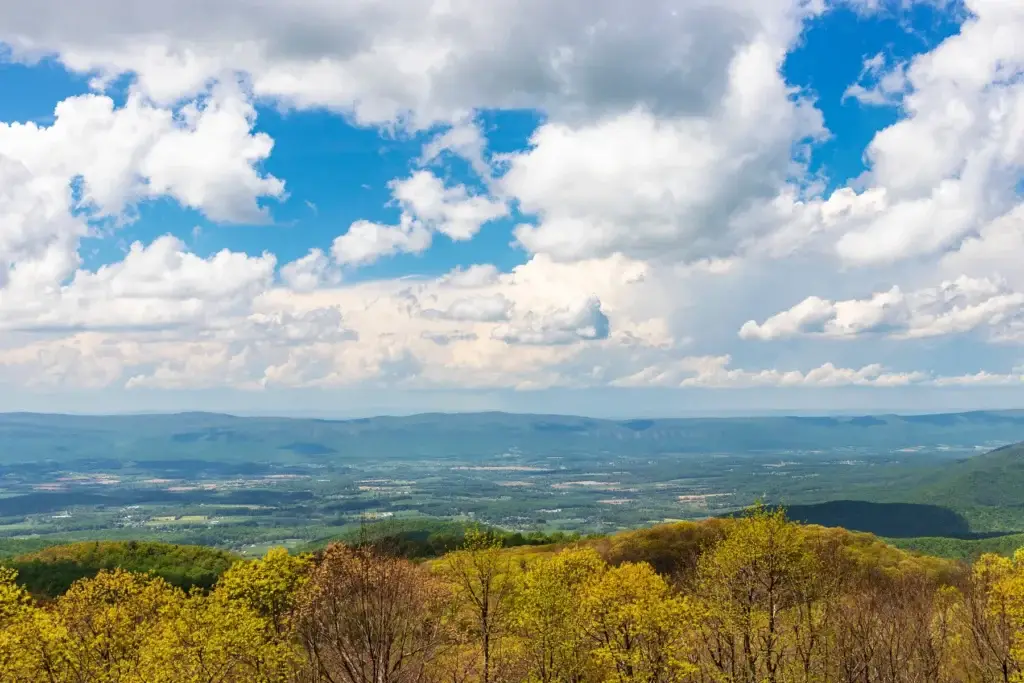 Skyline Drive road, historic stone wall or exact Shenandoah overlook with road context
