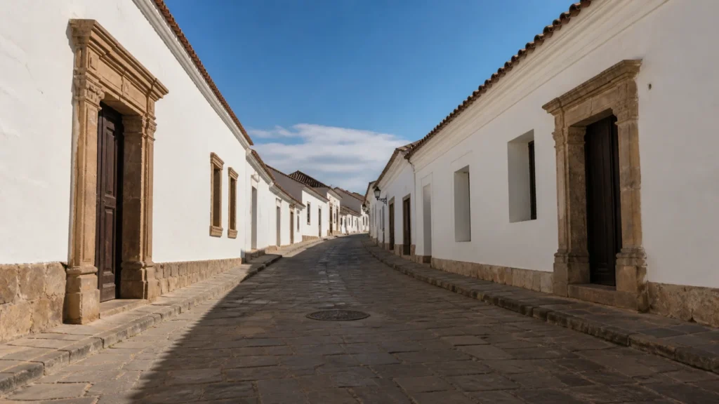 AI-generated editorial visualization of street-level historic-centre context in Sucre; it is not a real street or property.