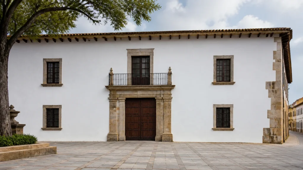 AI-generated editorial visualization of a scene inspired by source-described exterior features of Casa de la Libertad; it is not an exact architectural record.