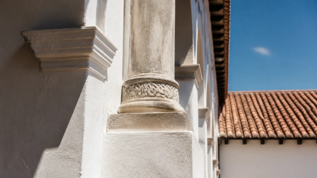 AI-generated editorial visualization of Sucre heritage materials and spatial context; it does not depict a real courtyard or property.