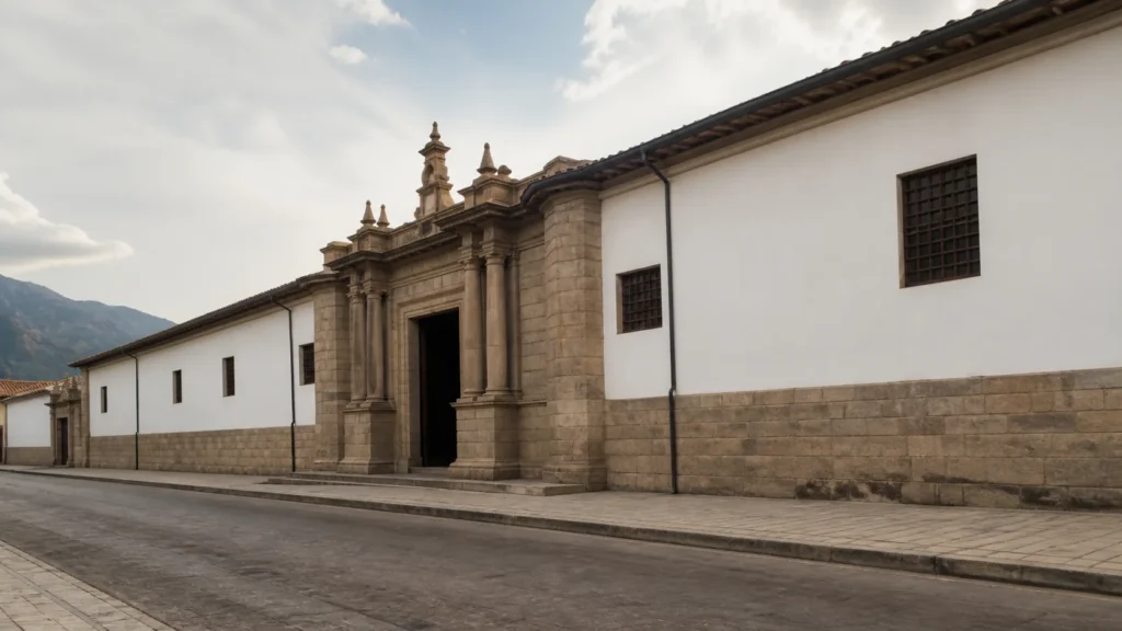 AI-generated editorial visualization of Casa Nacional de Moneda public-exterior context; it is not an exact facade or access record.