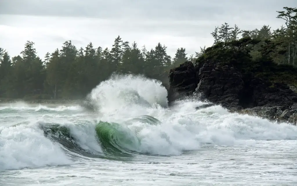 Exact Tofino storm waves viewed from a safe elevated, signed or indoor location