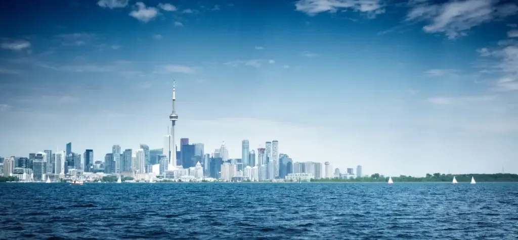 Toronto skyline with Lake Ontario or the inner harbour clearly visible