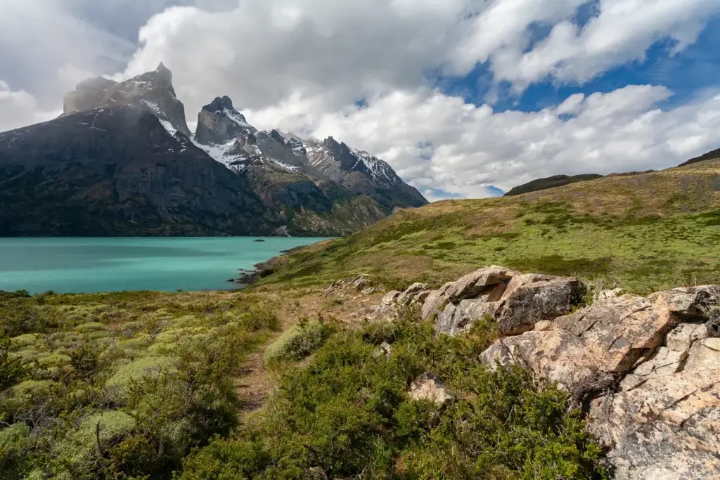 The mountain peaks of Cordillera del Paine in Torres del Paine National Park in Patagonia